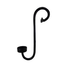 Curved black metal tealight candle holder with a hook for hanging.