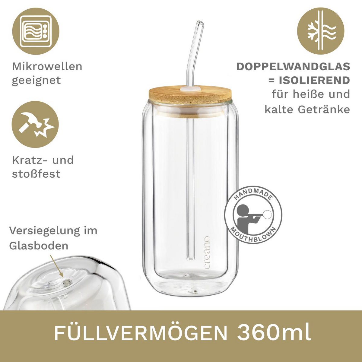 Creano Trinkglas 360ml Deckel Strohhalm 4er-Set