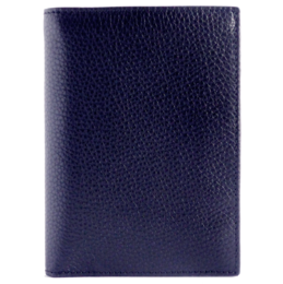 Navy blue pebbled leather billfold wallet with 8 credit card pockets.