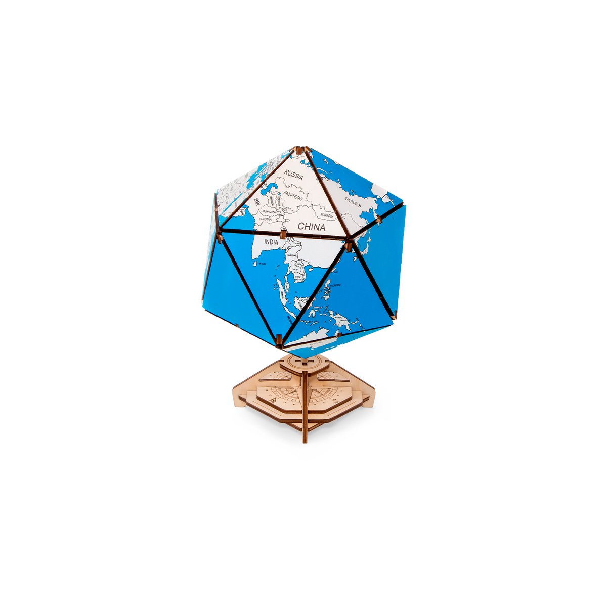 Eco Wood Art Icosahedral Globe, Blue, 1386, 16.4x16.4x23cm