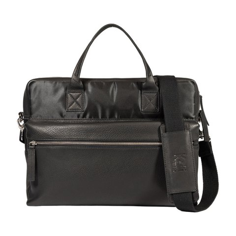 K0043AB | Aktetas van waterdicht nylon/echt volnerf leer met lichte nerf - Zwarte kleur - Interne clutchtas - Glanzende zilveren accessoires - Afmetingen 39 x 30 x 12 cm - Verpakking: TNT-tas
