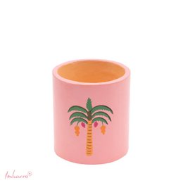 Pink cylindrical pencil holder with royal palm tree design, tropical style, ceramic material