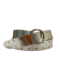  A white leather belt with gold studs, suitable for casual or formal wear.