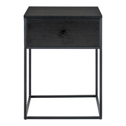Black bedside table with 1 drawer, made of wood and metal, suitable for use as a nightstand or end table.