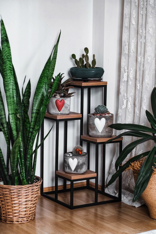 Metal plant rack with wooden etageres from Naturn Living | Etagere Plants | Spice rack | Flower rack indoor - outdoor | Plant stand | Plant column | Matt black
