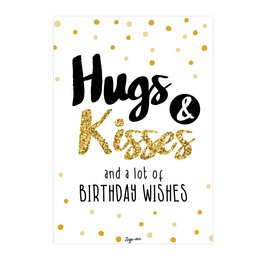 A birthday card with the text "Hugs & Kisses and a lot of BIRTHDAY WISHES" written in black and gold glitter. The card is decorated with gold polka dots.