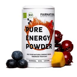 Organic energy drink powder made with natural ingredients including guarana and acai. The powder has a vibrant red color and contains a blend of superfoods to provide a natural energy boost.