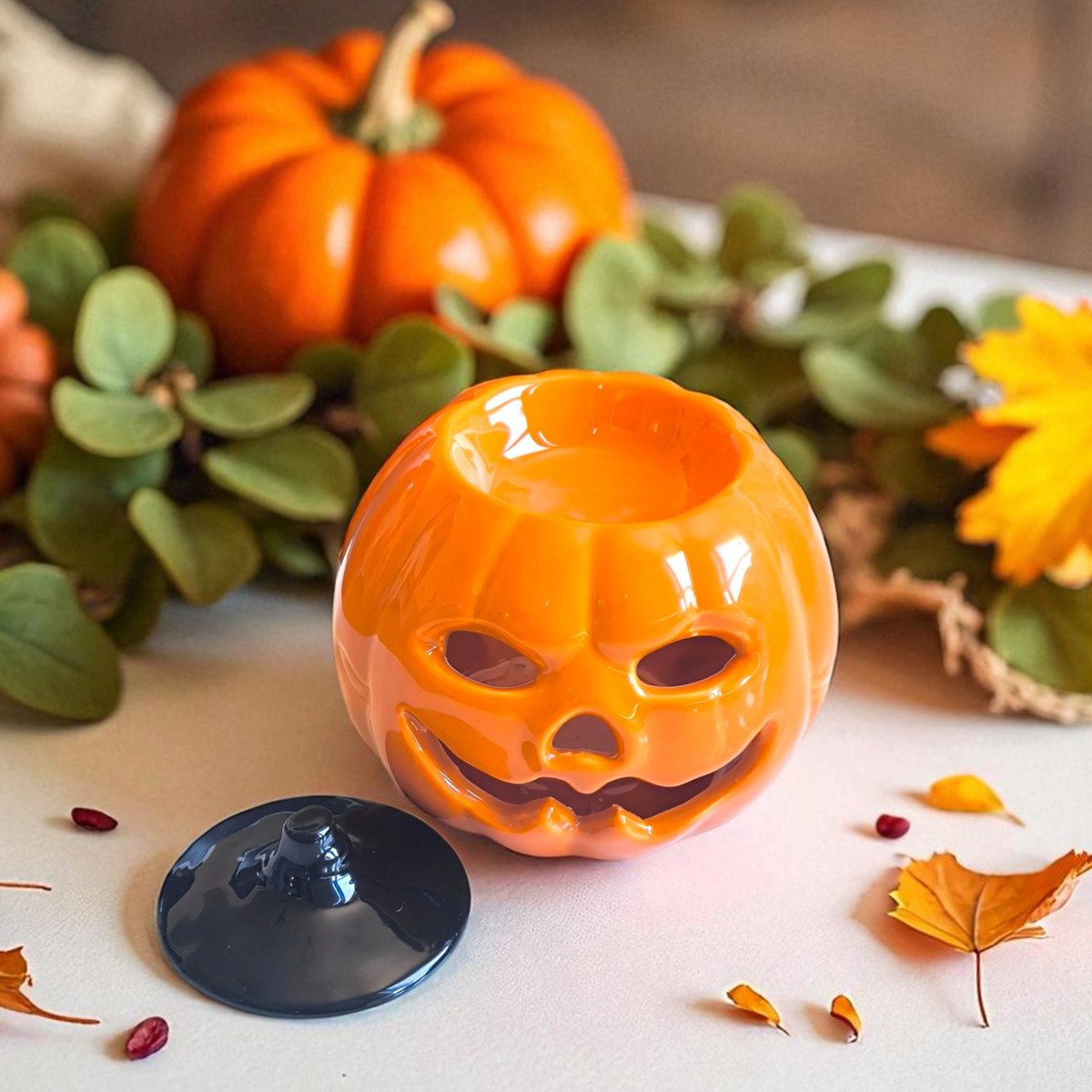 Bruciatore di incenso di zucca in ceramica – Diffusore di oli essenziali, cere e profumi – 12 cm – Lavorazione artigianale – Ambiente Zen