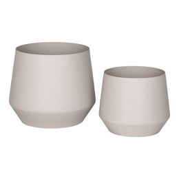 Set of 2 sand-colored steel flower pots for indoor or outdoor use.