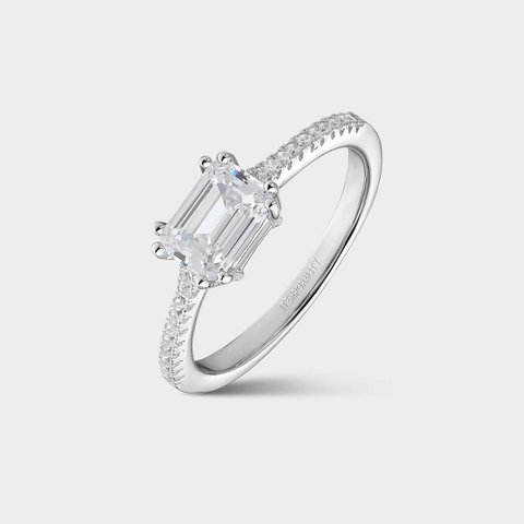 Silver ring with rectangular white zirconia