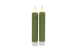 Pair of tall, round, olive green LED candles with a rustic finish. Suitable for home decor and ambiance.
