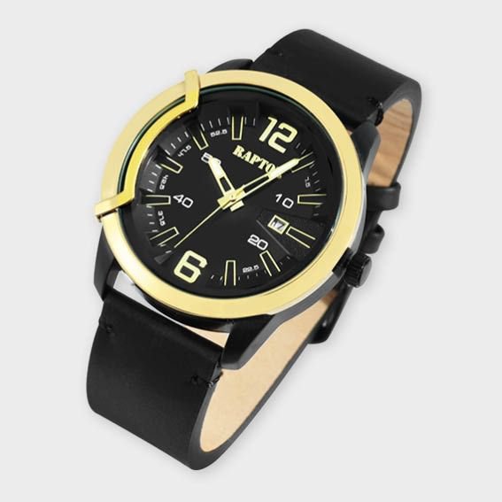 Raptor men's watch "Davian" with genuine leather strap, date display, black/gold-colored