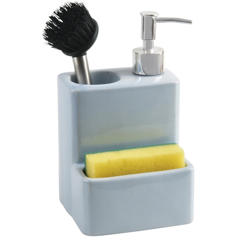 LIGHT BLUE CERAMIC SCOURING DISPENSER WITH BRUSH AND SPONGE _11X9X18CM ST1155