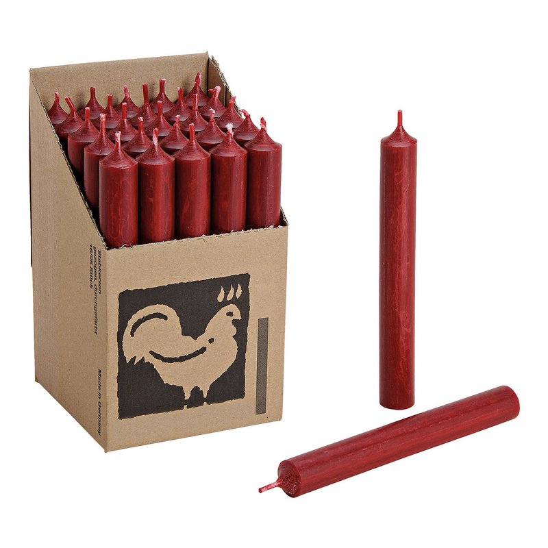 Taper candle, dark red, solid-colored, Ø 2x18 cm, burning time: approx. 8 hours.