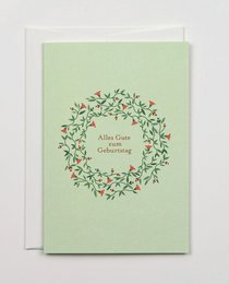 A festive birthday card featuring a wreath of colorful flowers and leaves surrounding the text "Happy Birthday".