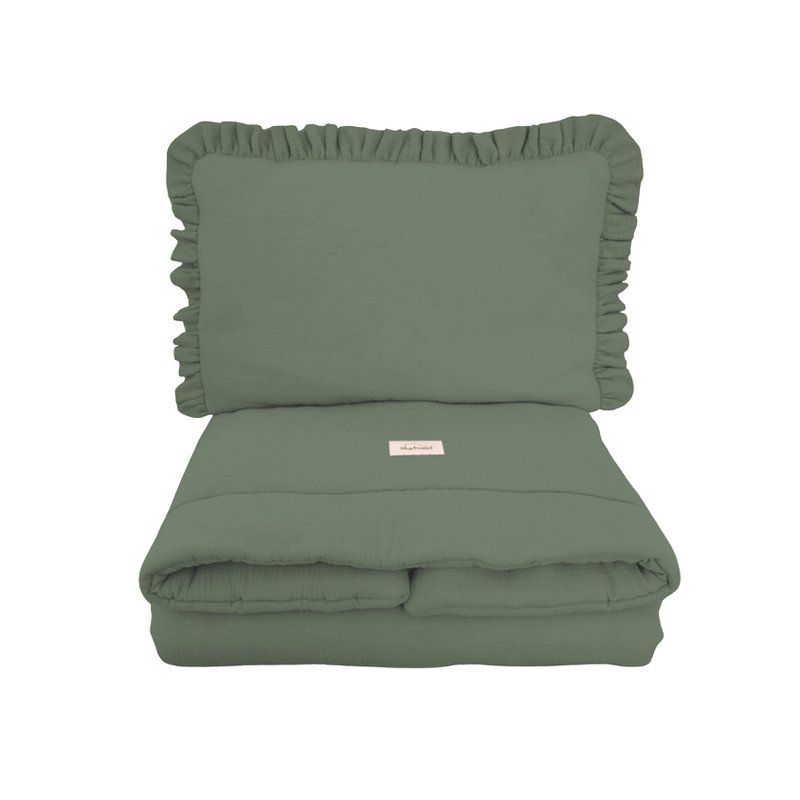 Muslin sengetøj sæt med fyldning af ruffles skovgrøn