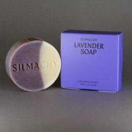 Lavender-scented soap bar with a round, bar shape and the brand name "Silmachy" printed on it.