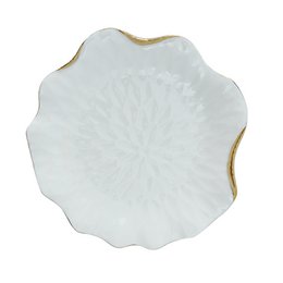  White porcelain dessert plate with gold-trimmed edges.