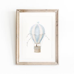 Hot air balloon print, hot air balloon poster, blue hot air balloon, bunny poster, blue boys room poster, woodland print, bunny print, boys nursery art print, boys room