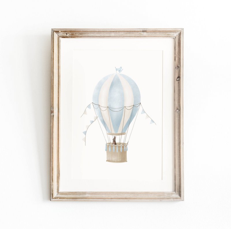Hot air balloon print, hot air balloon poster, blue hot air balloon, bunny poster, blue boys room poster, woodland print, bunny print, boys nursery art print, boys room