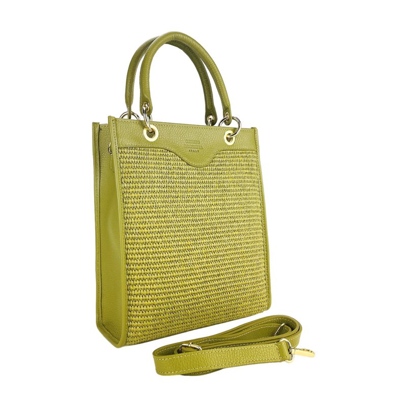 RB1026CM | Verticale dameshandtas van echt leer en stro, gemaakt in Italië. Afneembare en verstelbare lederen schouderband. Accessoires van gepolijst goud - Pistachekleur - Afmetingen: 24 x 29 x 9 cm