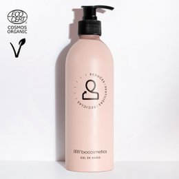 Organic bath gel with dispenser, 500 ml, pink bottle with black pump, suitable for shower use.
