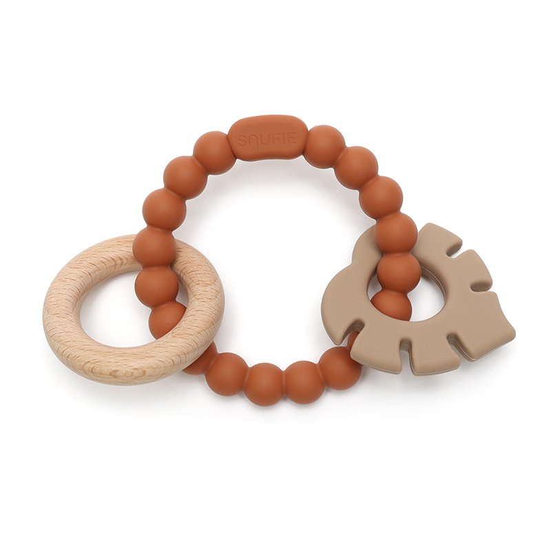 Soft & Hard | Leaf RATTLE Wood & Silicone Teether | Rust & Khaki