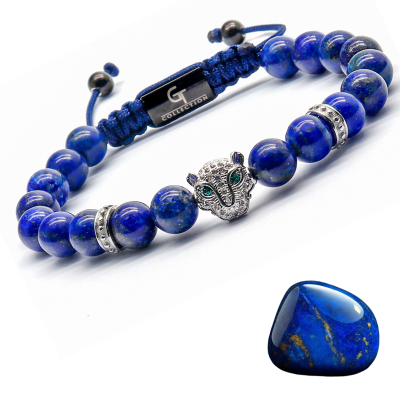 Bracciale Da Uomo In LAPISLAZZULI Con Testa LEOPARDO in Argento