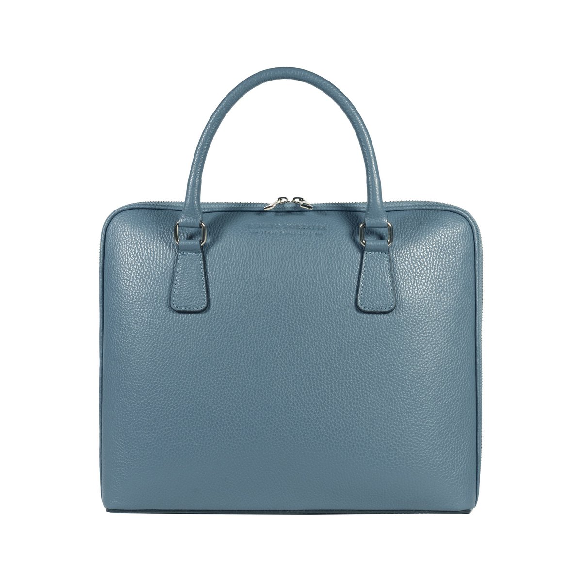 RB1019P | Maletín de negocios unisex en piel auténtica Made in Italy con bandolera extraíble. Fijaciones con mosquetones de metal níquel brillante - Color Avio - Dimensiones: 37 x 29 x 6,5 cm