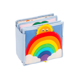Colorful, felt-based quiet book with a rainbow and sun design. Suitable for young children to play with and explore.