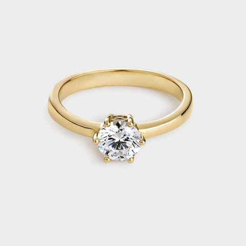 Gelbvergoldeter Solitärring aus Silber mit 6 mm großem Zirkonia, montiert auf 6 Krappen