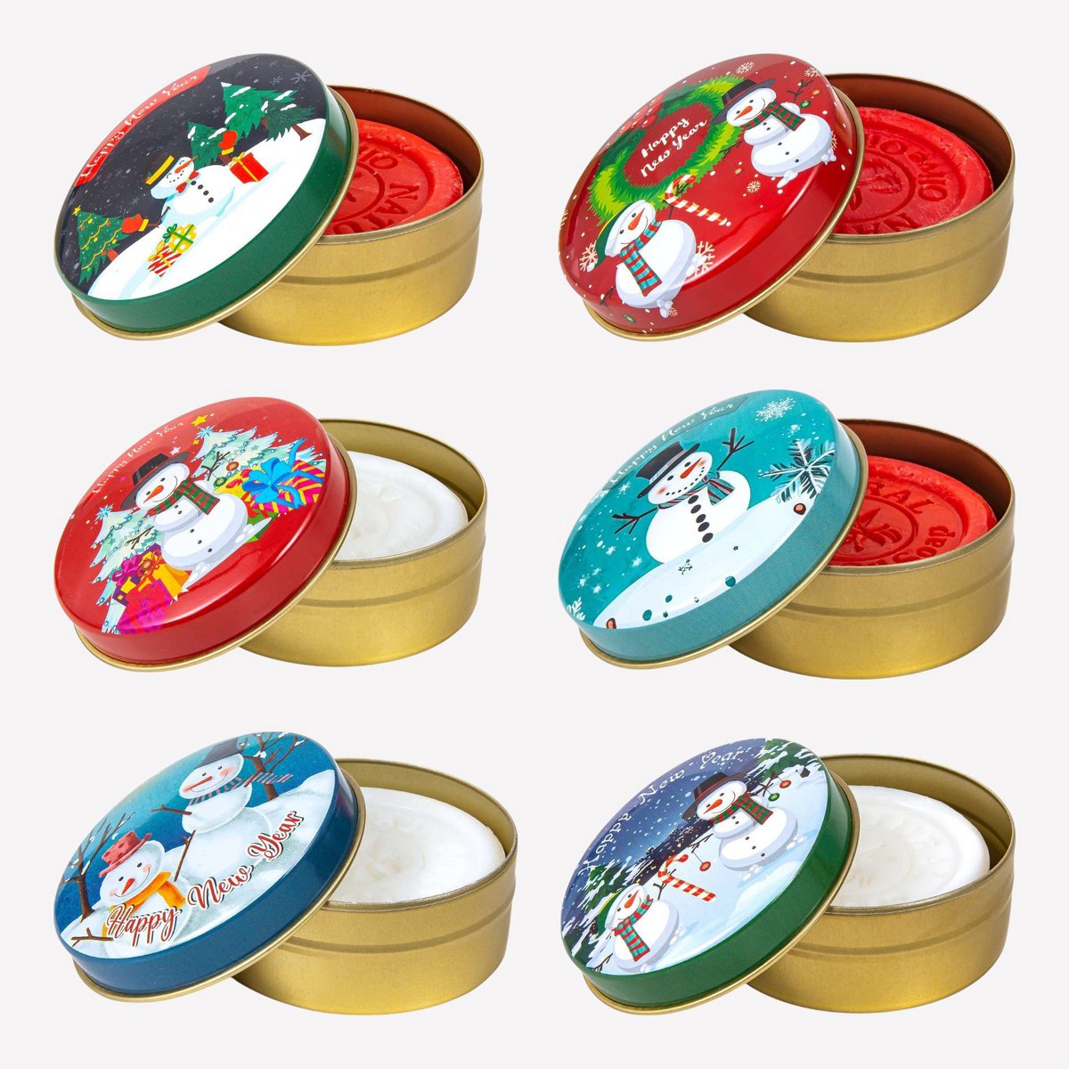 Jabón de aceite de oliva natural en una lata de metal festivo - set de 6 vías - Snow Manis - Mezcla de fragancias