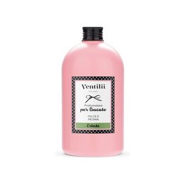A tall, round pink glass bottle of Ventilii Milano Wax Perfume Estate 500ml laundry perfume.