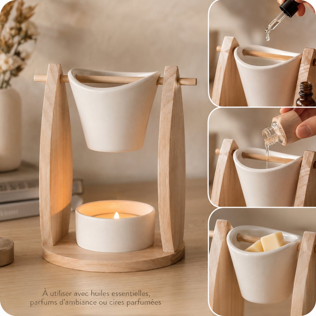 Quemador de perfume Serie Naturea - Velo - Ceras fundentes y perfumadas - Vela de bambú y cerámica - Fragancia para el hogar - Idea de regalo