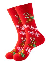 Red socks with a very happy reindeer design, featuring snowflakes and a gift box. The socks are available in sizes 36-40 and 41-47.
