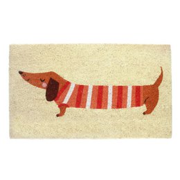 Rectangular doormat featuring a stylized sausage dog design in shades of red and brown on a beige background.