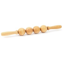 A wooden cellulite massage roller made of natural beech wood. The roller features a cylindrical shape with five round massage nodes along the length. This product is designed for lymphatic drainage and maderotherapy massage therapy.