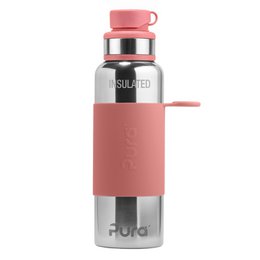 Rose pink stainless steel thermos bottle with protective sleeve, 650ml capacity, sports water bottle.