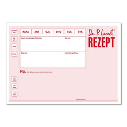 A pink and red recipe postcard with the title "Dr. P. Lacebo Rezept" and fields for recipe details.