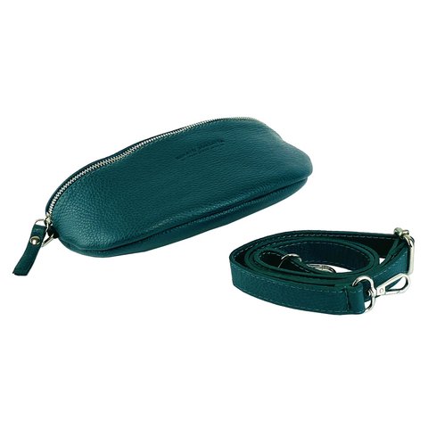 RB1015BZ | Heuptas met afneembare schouderband van echt leer, gemaakt in Italië. Bevestigingen met glanzende nikkelen metalen karabijnhaken - Blauwgroen kleur - Afmetingen: 24 x 14 x 7