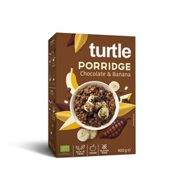 Chocolate and banana flavored organic porridge with gluten-free ingredients.