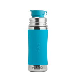 Turquoise blue sports bottle with aqua sleeve, made of stainless steel, suitable for kids.