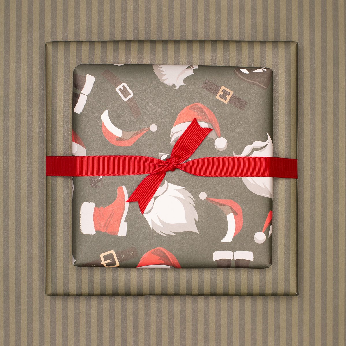 Grünes Weihnachts- Geschenkpapier mit Nikolaus Outfit und grünen Streifen, edles Geschenkpapier Weihnachtsmann , Weihnachts- Geschenkpapier Männer