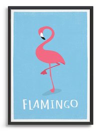 A vibrant pink flamingo illustration on a light blue background. The flamingo has a distinctive curved neck and long legs, capturing the graceful and iconic silhouette of this tropical bird.
