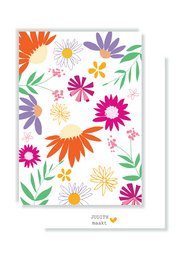 Colorful floral card with a mix of vibrant flowers in various shapes and sizes, including daisies, gerberas, and other abstract floral elements.