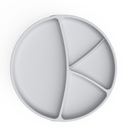 Light gray silicone plate with suction cup for kids, divided into sections for different foods.