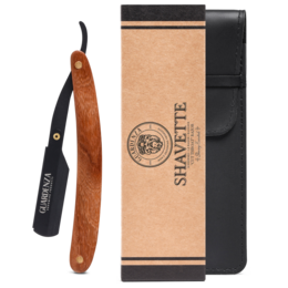 Straight razor with wooden handle, black metal body, and protective cover. Suitable for professional barber use.