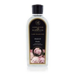 Peony fragrance lamp oil, a diffuser refill with a floral, sweet scent. Features a round glass bottle with a black cap.