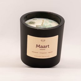 Gemstone scented candle in March fragrance, round shape, black container.