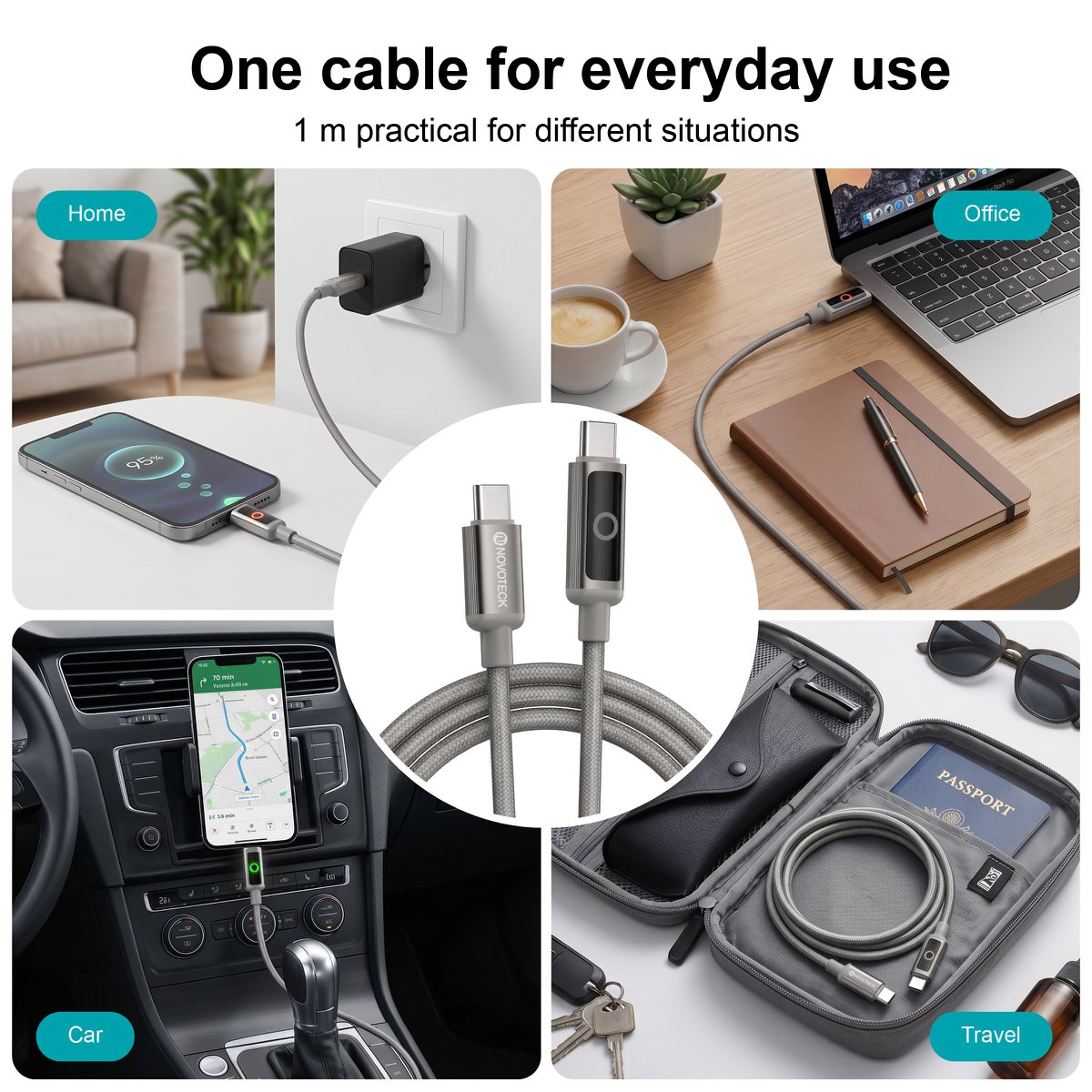 Cable NOVOTECK S-143 USB-C a USB-C: carga rápida de 60 W, 1 m, indicador LED y transferencia de datos